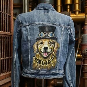 Handpainted Steampunk Dog On A Denim Jean Jacket